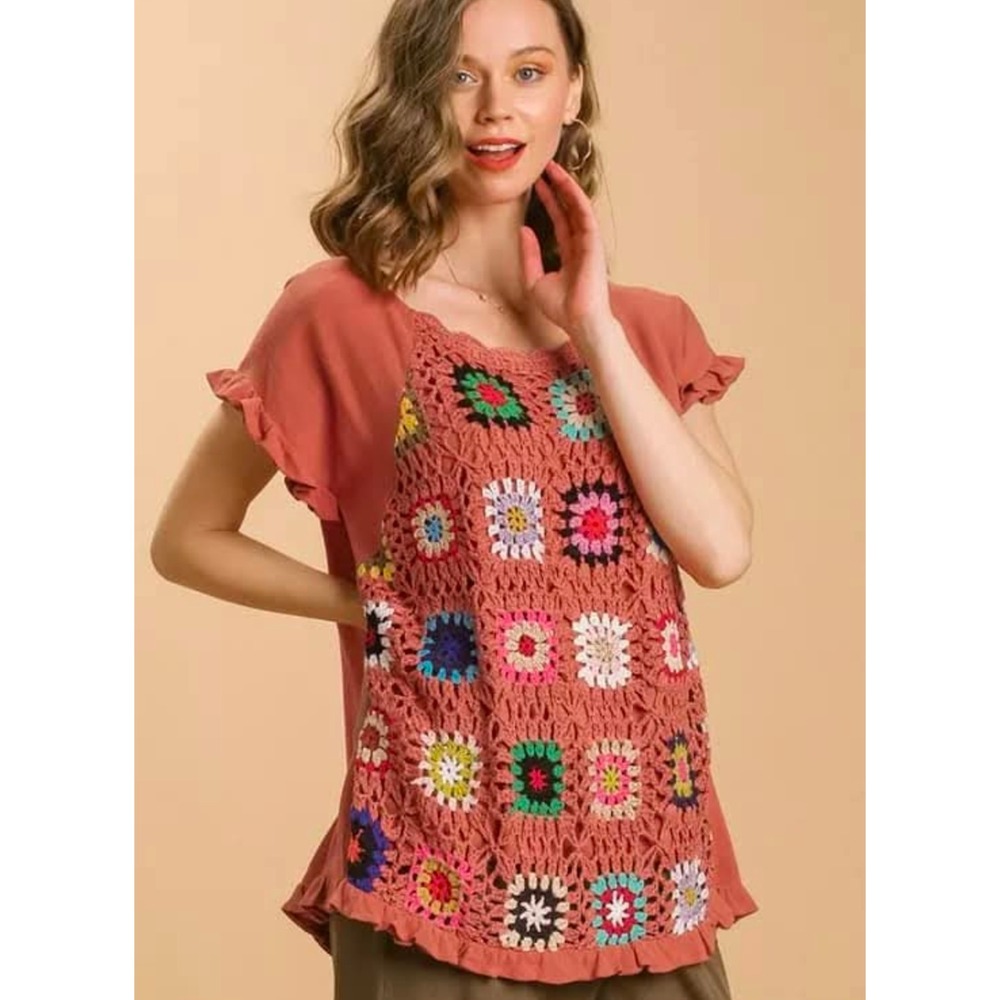 Umgee USA Boho Crochet Granny Square Ruffle Sleeve Top Rust Orangeโ Large